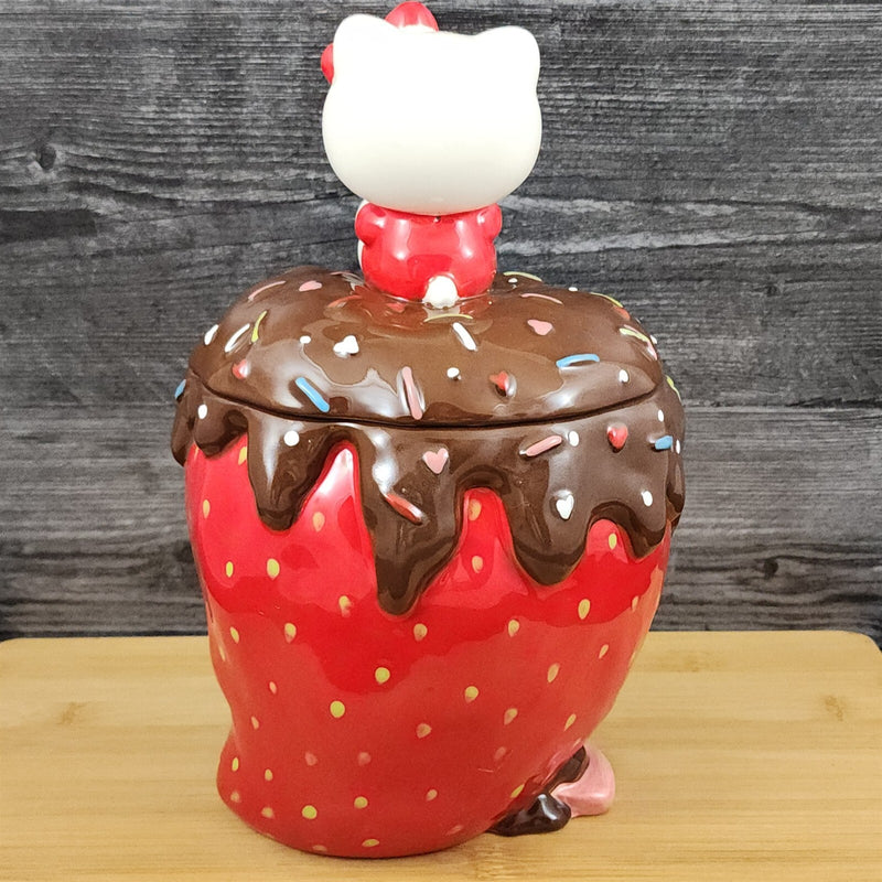 Load image into Gallery viewer, Hello Kitty with Strawberry Cookie Treat Jar Chocolate Covered Blue Sky Ceramic