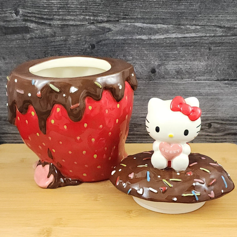 Load image into Gallery viewer, Hello Kitty with Strawberry Cookie Treat Jar Chocolate Covered Blue Sky Ceramic