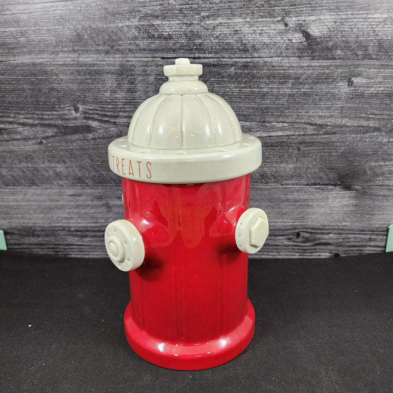Load image into Gallery viewer, Fire Hydrant Treats Cookie Canister Ceramic Pet Dog Cat Snack Jar Red Blue Sky