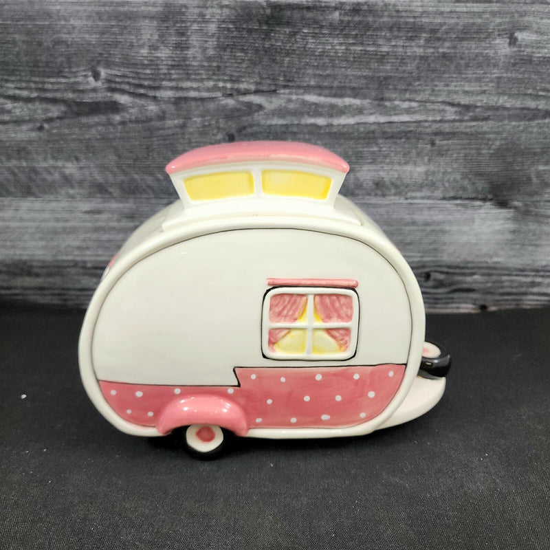 Load image into Gallery viewer, Hello Kitty Retro Camper Cookie Snack Jar Pink Ceramic Blue Sky Embossed Decor