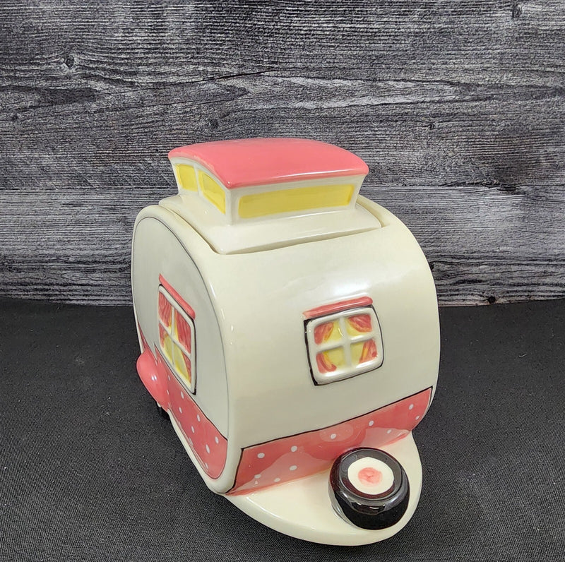 Load image into Gallery viewer, Hello Kitty Retro Camper Cookie Snack Jar Pink Ceramic Blue Sky Embossed Decor