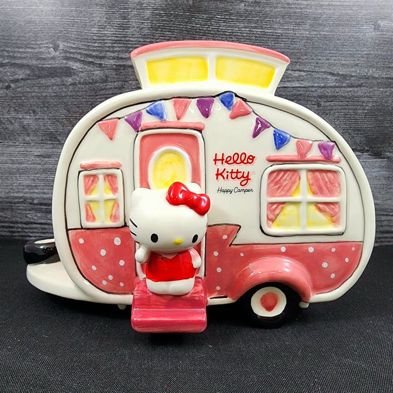 Load image into Gallery viewer, Hello Kitty Retro Camper Cookie Snack Jar Pink Ceramic Blue Sky Embossed Decor