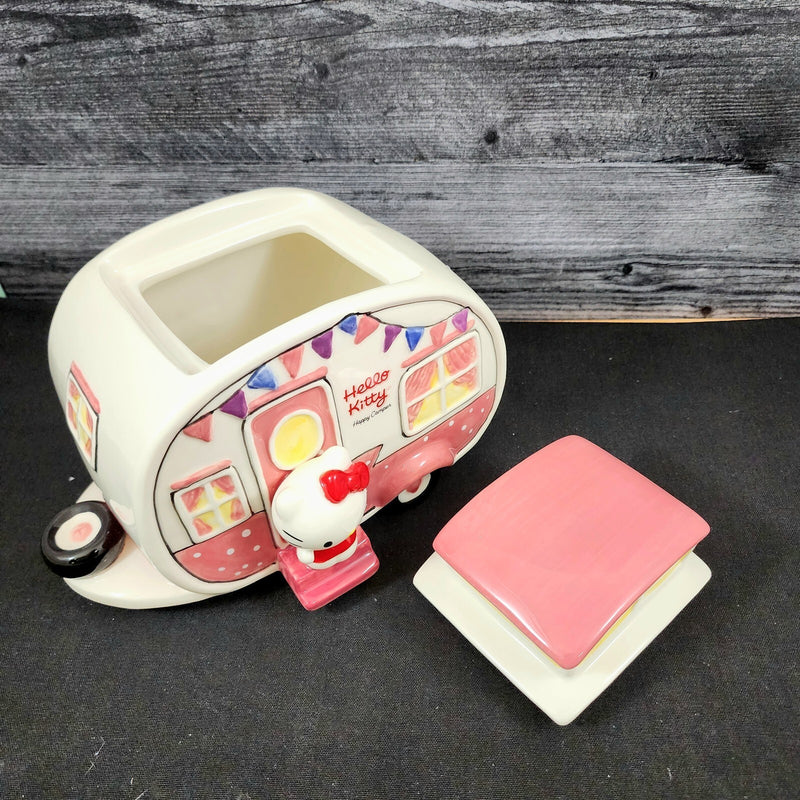 Load image into Gallery viewer, Hello Kitty Retro Camper Cookie Snack Jar Pink Ceramic Blue Sky Embossed Decor