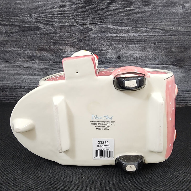 Load image into Gallery viewer, Hello Kitty Retro Camper Cookie Snack Jar Pink Ceramic Blue Sky Embossed Decor