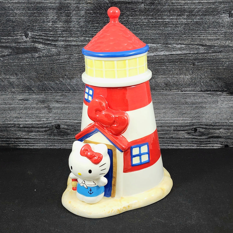 Load image into Gallery viewer, Hello Kitty Light House Cookie Snack Treat Jar Red and White Ceramic Blue Sky
