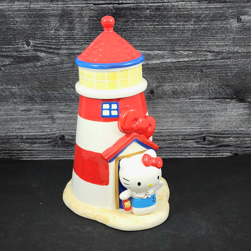 Load image into Gallery viewer, Hello Kitty Light House Cookie Snack Treat Jar Red and White Ceramic Blue Sky