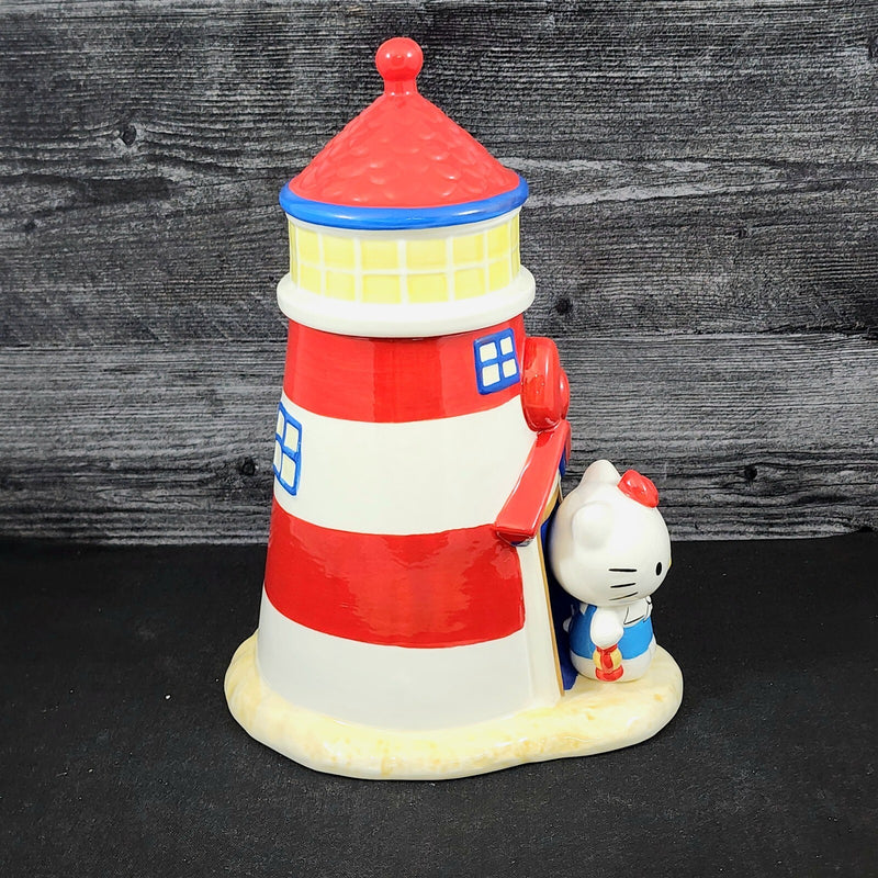 Load image into Gallery viewer, Hello Kitty Light House Cookie Snack Treat Jar Red and White Ceramic Blue Sky