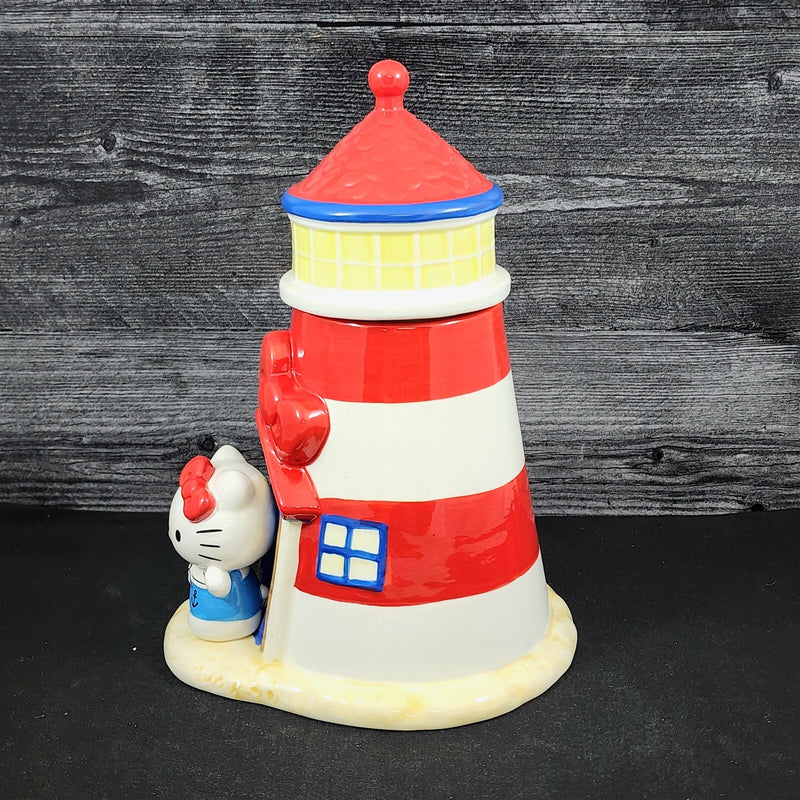 Load image into Gallery viewer, Hello Kitty Light House Cookie Snack Treat Jar Red and White Ceramic Blue Sky