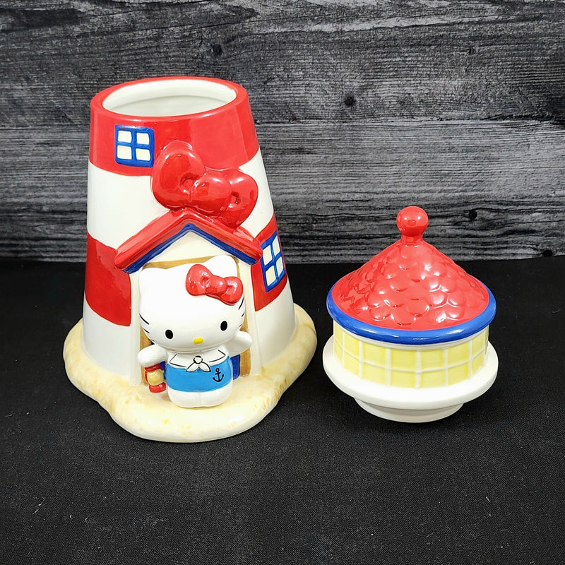 Load image into Gallery viewer, Hello Kitty Light House Cookie Snack Treat Jar Red and White Ceramic Blue Sky