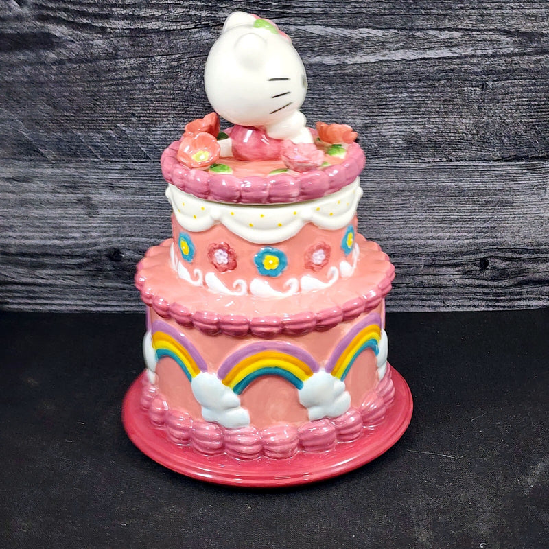 Load image into Gallery viewer, Hello Kitty Birthday Cake Cookie Snack Jar Classic Ceramic Blue Sky Embossed