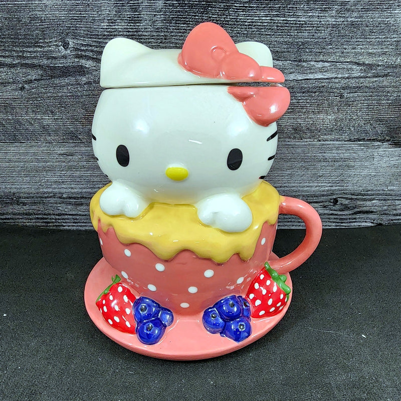 Load image into Gallery viewer, Hello Kitty Sweet Tea Cup Cookie Snack Jar Ceramic Blue Sky Embossed