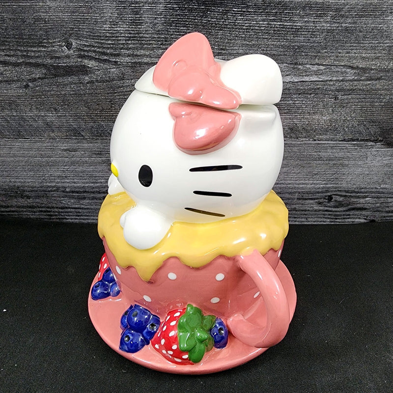 Load image into Gallery viewer, Hello Kitty Sweet Tea Cup Cookie Snack Jar Ceramic Blue Sky Embossed