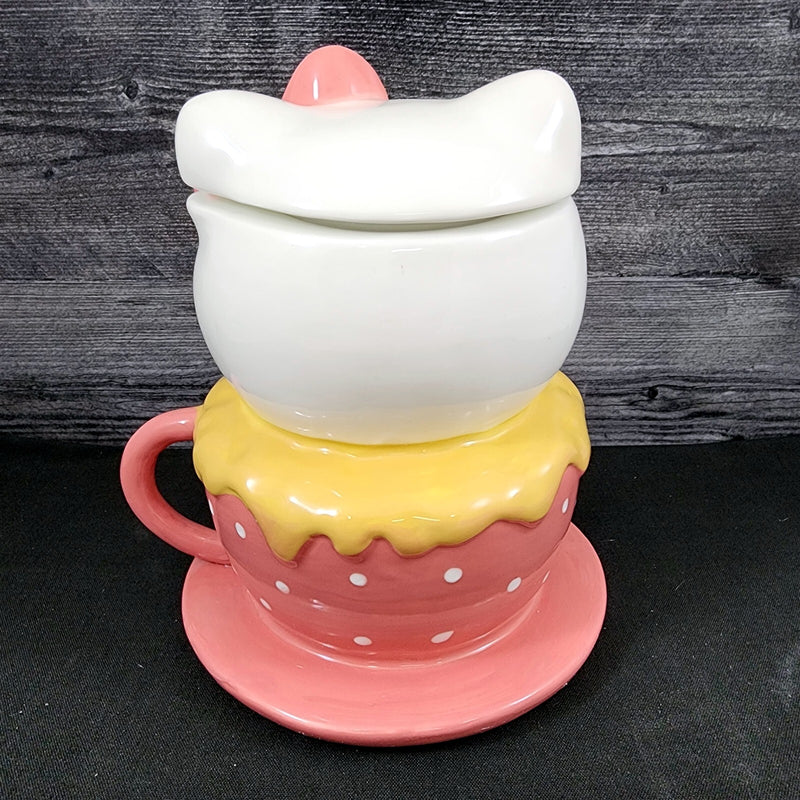 Load image into Gallery viewer, Hello Kitty Sweet Tea Cup Cookie Snack Jar Ceramic Blue Sky Embossed