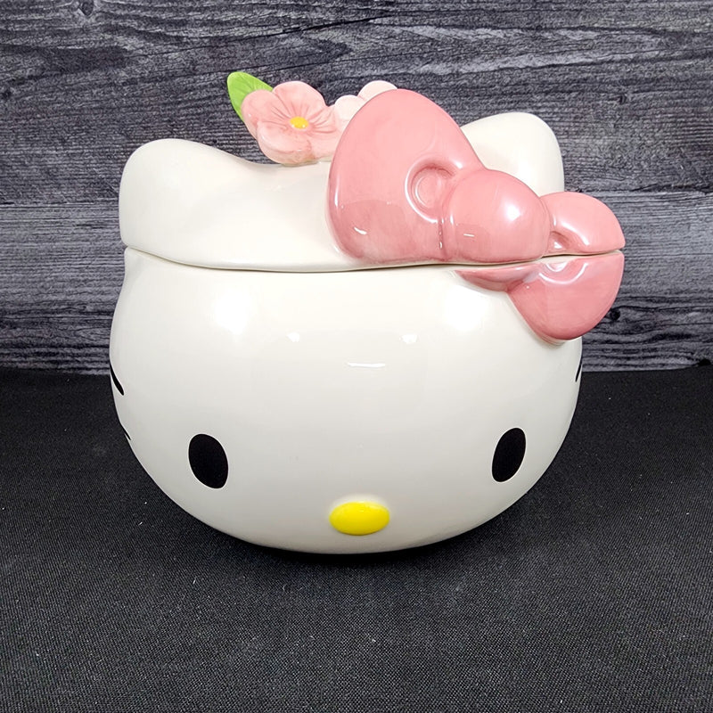 Load image into Gallery viewer, Hello Kitty Head Cookie Jar Snack Jar Pink Bow White Ceramic Blue Sky Embossed