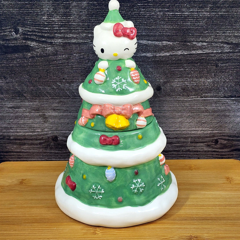Load image into Gallery viewer, Hello Kitty Cookie Snack Jar Holiday Tree Green Ceramic Blue Sky Embossed