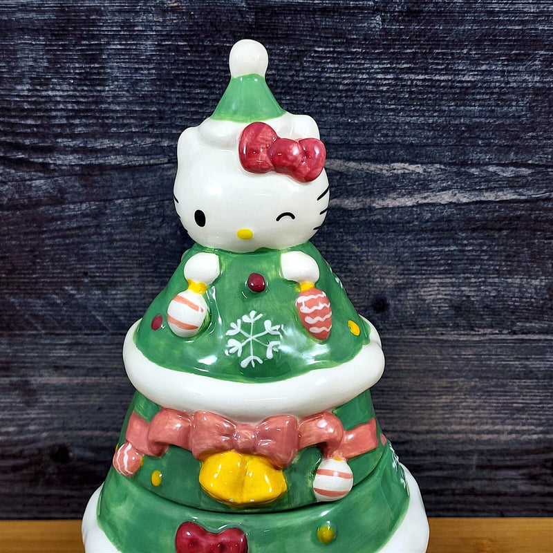 Load image into Gallery viewer, Hello Kitty Cookie Snack Jar Holiday Tree Green Ceramic Blue Sky Embossed