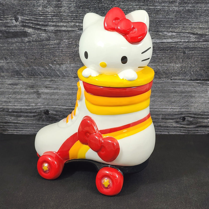 Load image into Gallery viewer, Hello Kitty Head Cookie Jar Snack Jar Pink Bow White Ceramic Blue Sky Embossed