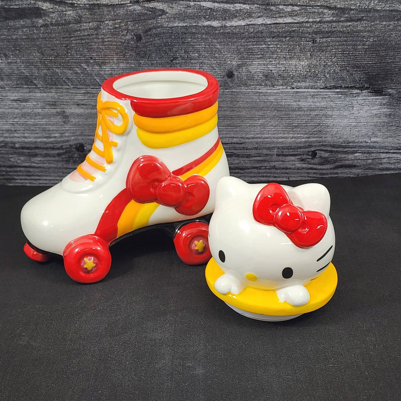 Load image into Gallery viewer, Hello Kitty Head Cookie Jar Snack Jar Pink Bow White Ceramic Blue Sky Embossed