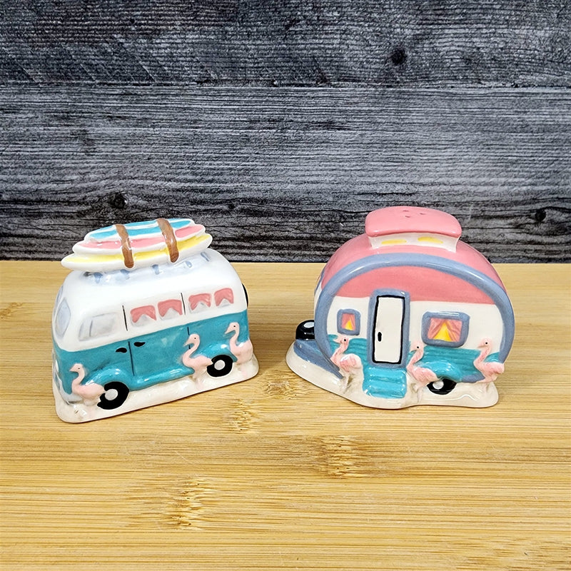 Load image into Gallery viewer, Flamingo Camper Van Salt Pepper Set Collectible Ceramic Blue Sky Clayworks