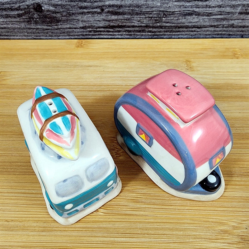Load image into Gallery viewer, Flamingo Camper Van Salt Pepper Set Collectible Ceramic Blue Sky Clayworks