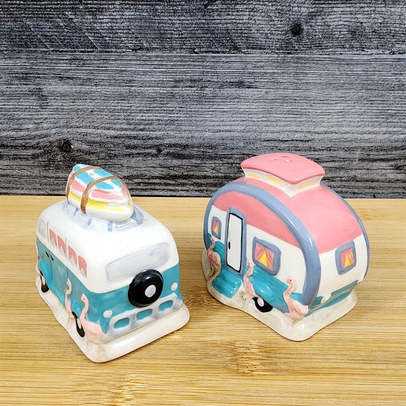 Load image into Gallery viewer, Flamingo Camper Van Salt Pepper Set Collectible Ceramic Blue Sky Clayworks
