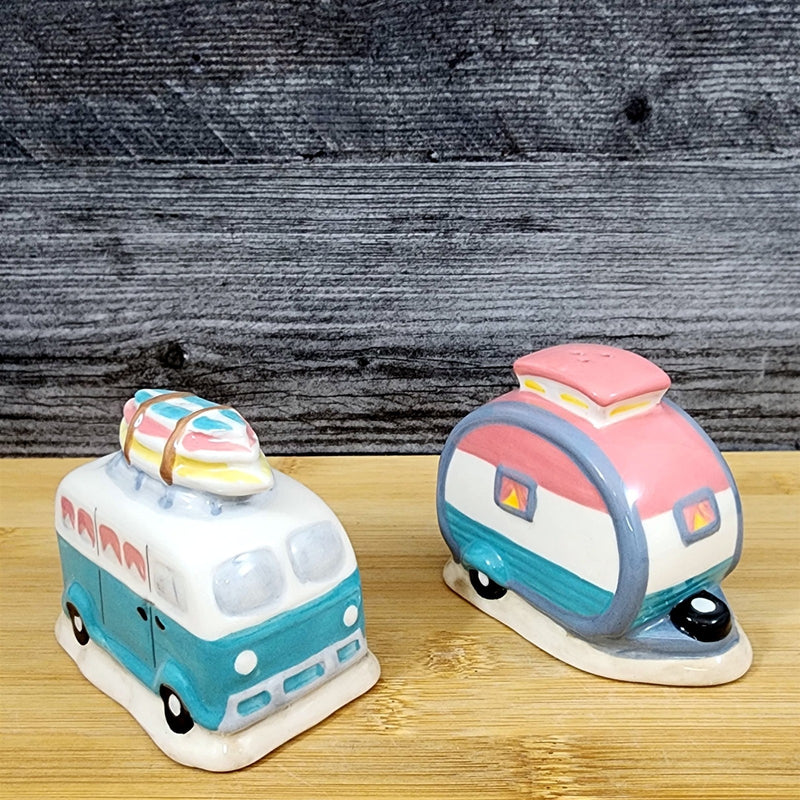 Load image into Gallery viewer, Flamingo Camper Van Salt Pepper Set Collectible Ceramic Blue Sky Clayworks