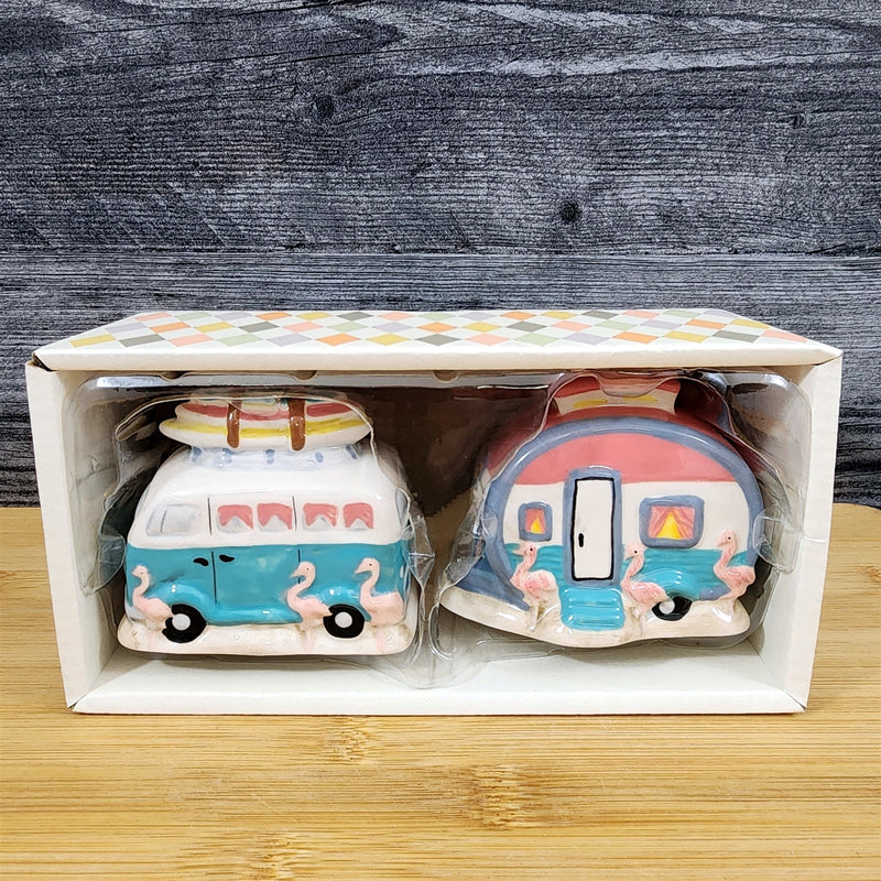 Load image into Gallery viewer, Flamingo Camper Van Salt Pepper Set Collectible Ceramic Blue Sky Clayworks