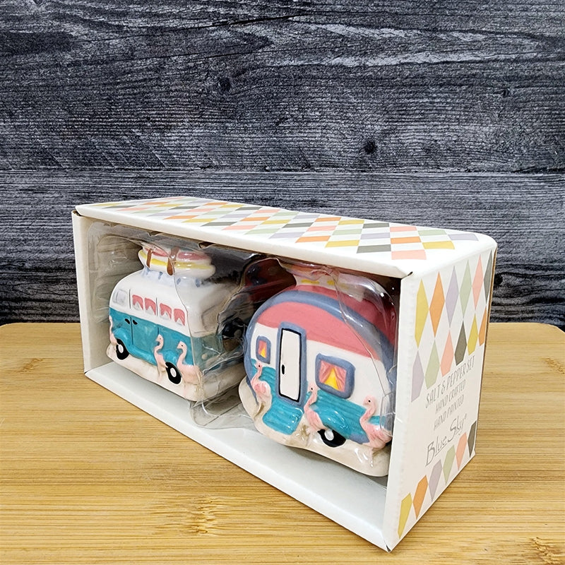 Load image into Gallery viewer, Flamingo Camper Van Salt Pepper Set Collectible Ceramic Blue Sky Clayworks
