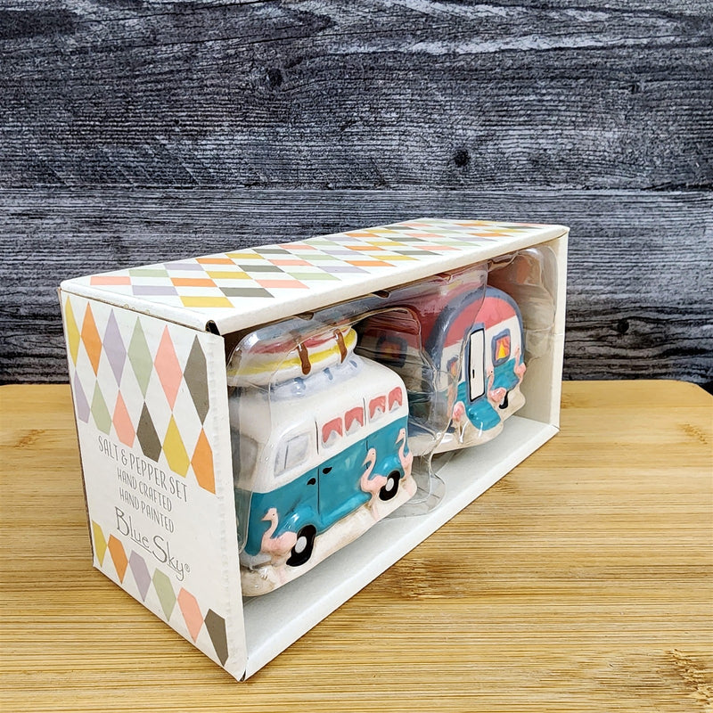 Load image into Gallery viewer, Flamingo Camper Van Salt Pepper Set Collectible Ceramic Blue Sky Clayworks
