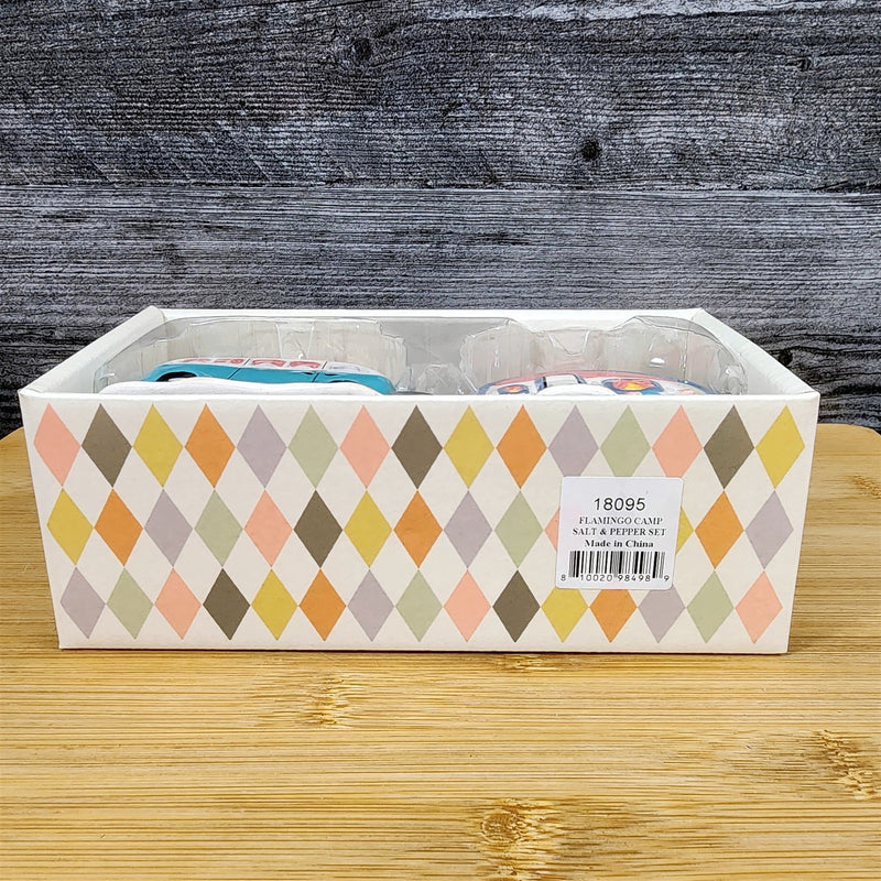 Load image into Gallery viewer, Flamingo Camper Van Salt Pepper Set Collectible Ceramic Blue Sky Clayworks