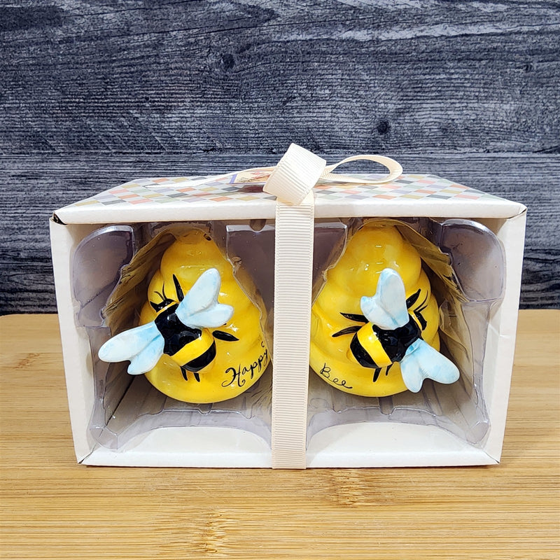 Load image into Gallery viewer, Happy Bumble Bee Hive Salt Pepper Set Collectible Ceramic Blue Sky Clayworks