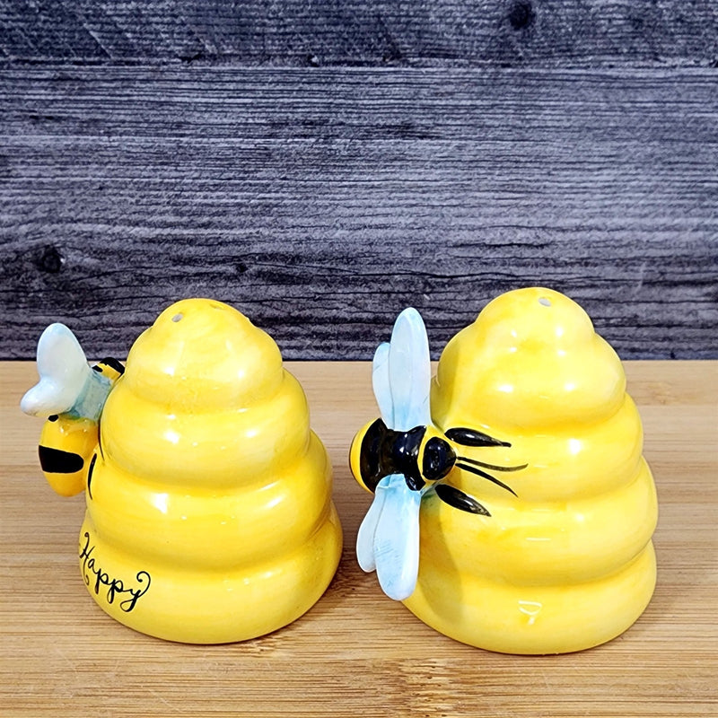 Load image into Gallery viewer, Happy Bumble Bee Hive Salt Pepper Set Collectible Ceramic Blue Sky Clayworks