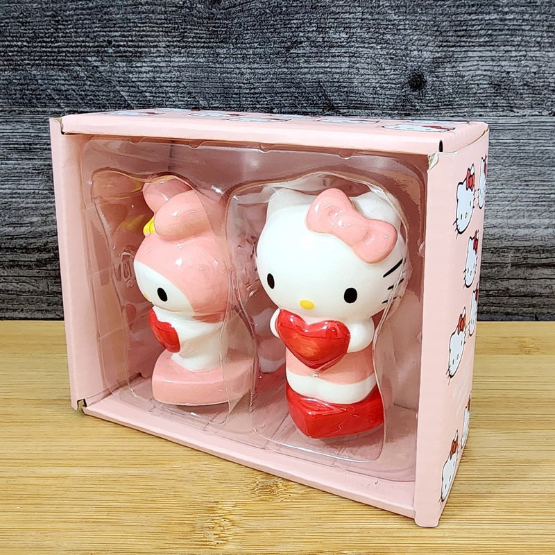 Load image into Gallery viewer, Hello Kitty My Melody Heart Salt Pepper Set Collectible Ceramic by Blue Sky