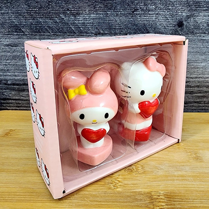 Load image into Gallery viewer, Hello Kitty My Melody Heart Salt Pepper Set Collectible Ceramic by Blue Sky