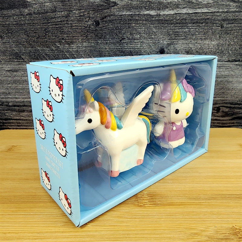 Load image into Gallery viewer, Hello Kitty Unicorn Rainbows Salt Pepper Set Collectible Ceramic by Blue Sky