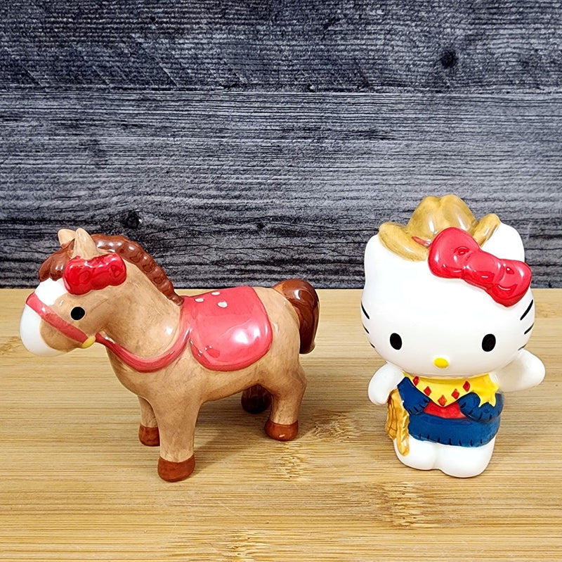 Load image into Gallery viewer, Hello Kitty Cowgirl & Horse Salt Pepper Set Collectible Ceramic by Blue Sky