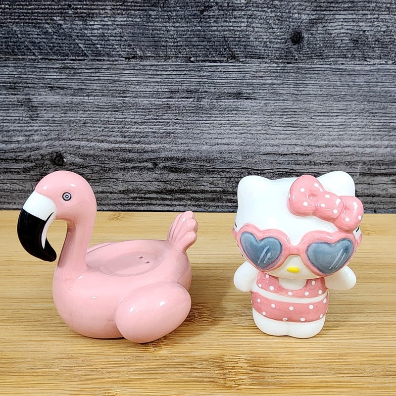 Load image into Gallery viewer, Hello Kitty and Pink Flamingo Salt Pepper Set Collectible Ceramic by Blue Sky
