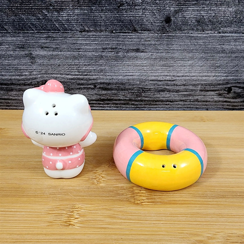 Load image into Gallery viewer, Hello Kitty Swimming & Tube Salt Pepper Set Collectible Ceramic by Blue Sky
