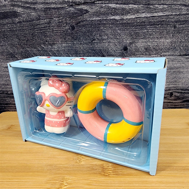 Load image into Gallery viewer, Hello Kitty Swimming & Tube Salt Pepper Set Collectible Ceramic by Blue Sky