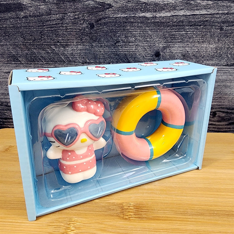 Load image into Gallery viewer, Hello Kitty Swimming & Tube Salt Pepper Set Collectible Ceramic by Blue Sky