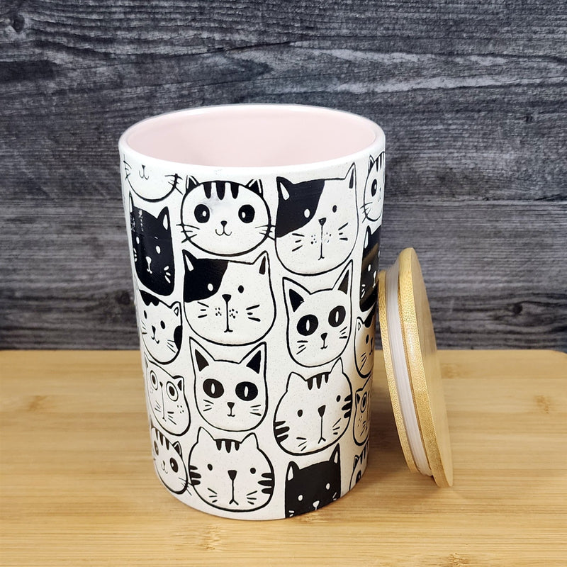 Load image into Gallery viewer, Cat Friends Canister & Lid 8" Ceramic White Pink Treat Jar Whimsical Blue Sky
