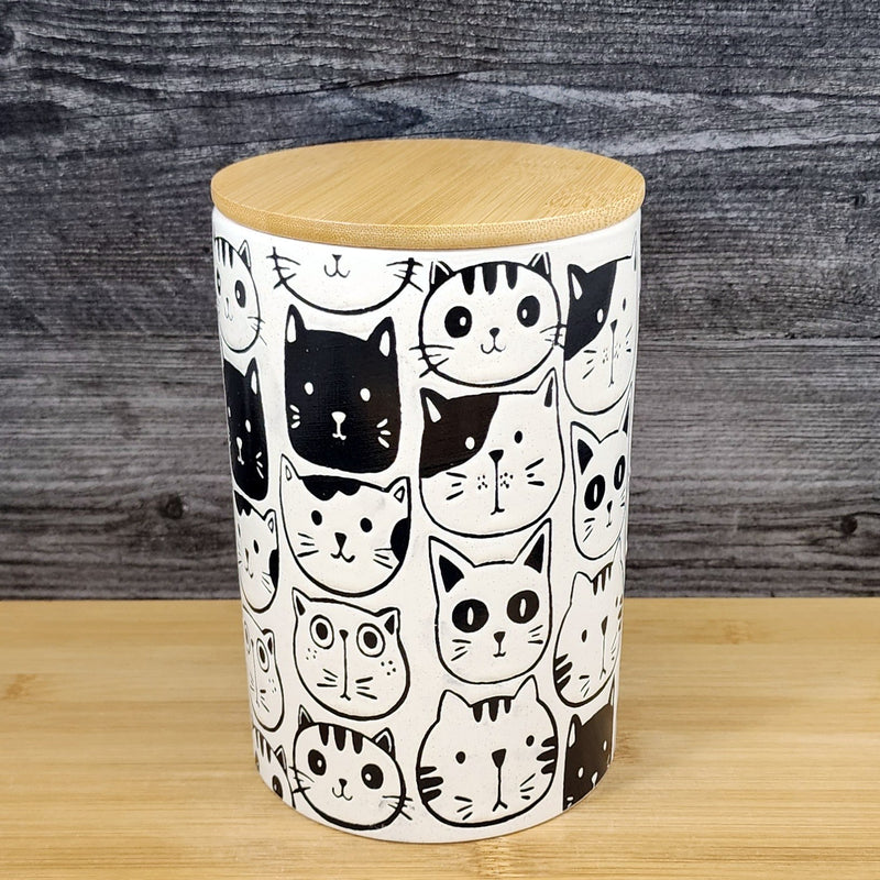Load image into Gallery viewer, Cat Friends Canister & Lid 8" Ceramic White Pink Treat Jar Whimsical Blue Sky