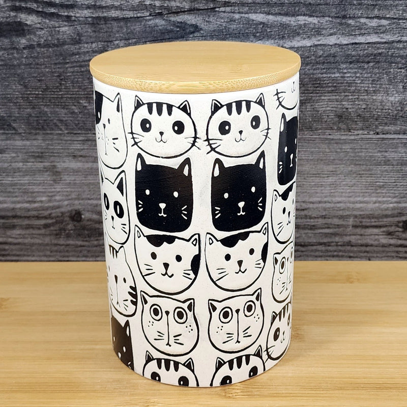 Load image into Gallery viewer, Cat Friends Canister & Lid 8" Ceramic White Pink Treat Jar Whimsical Blue Sky