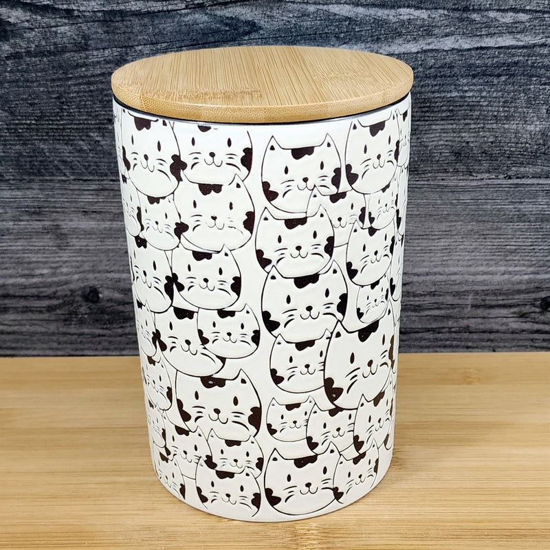 Load image into Gallery viewer, Cat Face Repeat Canister & Lid 8" Ceramic Green White Jar Whimsical Blue Sky