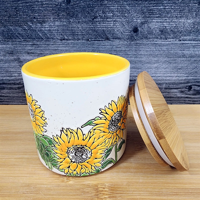 Load image into Gallery viewer, Sunflowers Canister & Wood Lid Embossed 4" Ceramic White Jar Floral Blue Sky