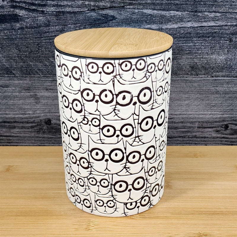 Load image into Gallery viewer, Cat Face Repeat Canister & Lid 8" Ceramic Pink and White Jar Whimsical Blue Sky