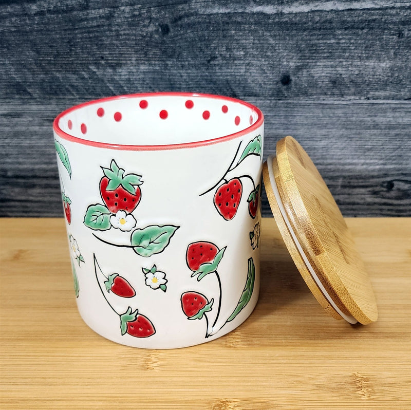 Load image into Gallery viewer, Botanical Strawberry Fields Canister & Lid 5" Ceramic White Jar Floral Blue Sky