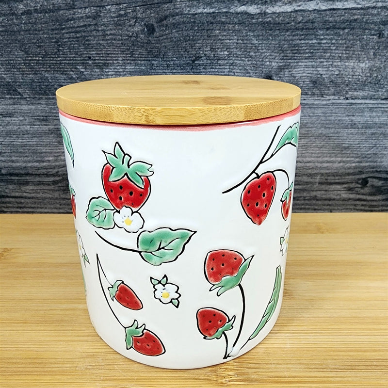 Load image into Gallery viewer, Botanical Strawberry Fields Canister & Lid 5" Ceramic White Jar Floral Blue Sky