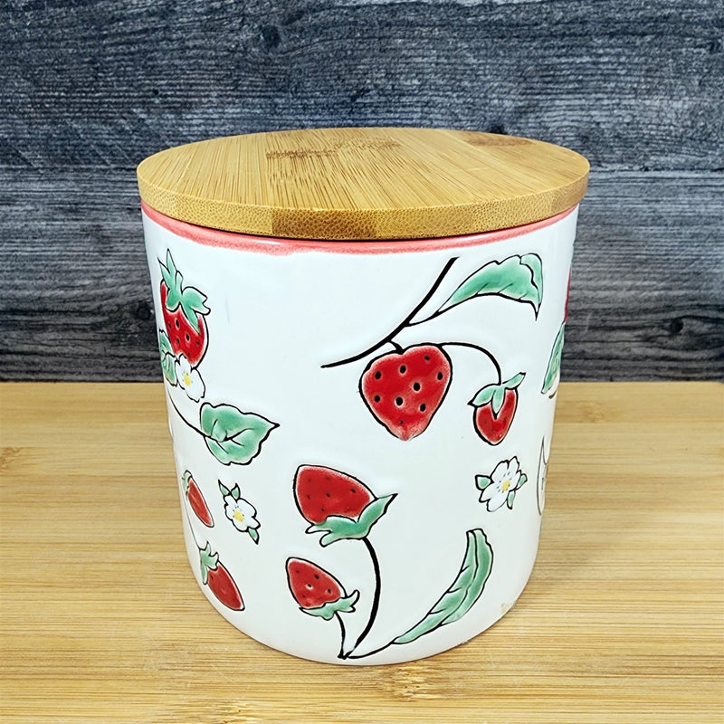 Load image into Gallery viewer, Botanical Strawberry Fields Canister & Lid 5" Ceramic White Jar Floral Blue Sky