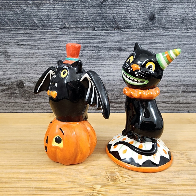 Load image into Gallery viewer, Halloween Salt Pepper Set Pumpkin Jack-o-Lantern Black Cat Bat Ceramic Blue Sky
